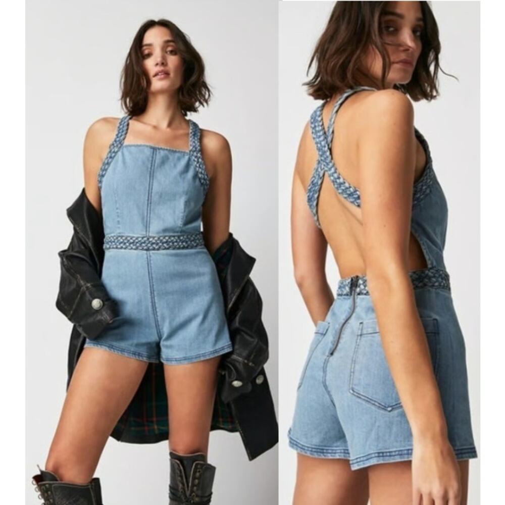 NWT Free People Karina‎ Braided Strap Denim Romper Light Blue Women's Size Large